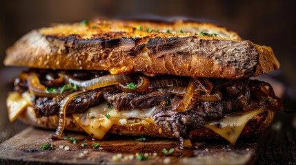 Savory steak sandwich with caramelized onions and melted cheese, presented in a mouth-watering and vibrant photo. Ideal for gourmet food and sandwich visuals