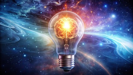 Conceptual brain light bulb shining on cosmic background , idea, innovation, intelligence, creativity, imagination, inspiration, brainstorming, light bulb, galaxy, space, thought, conceptual