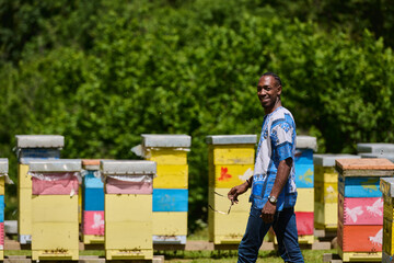 African American Teenager Exploring Small Beekeeping Businesses in Traditional Sudanese Attire...