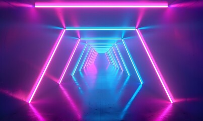 Obraz premium Abstract flying in futuristic corridor with triangles background, fluorescent ultraviolet light, colorful laser neon lines, geometric endless tunnel, blue pink spectrum, 3d illustration 