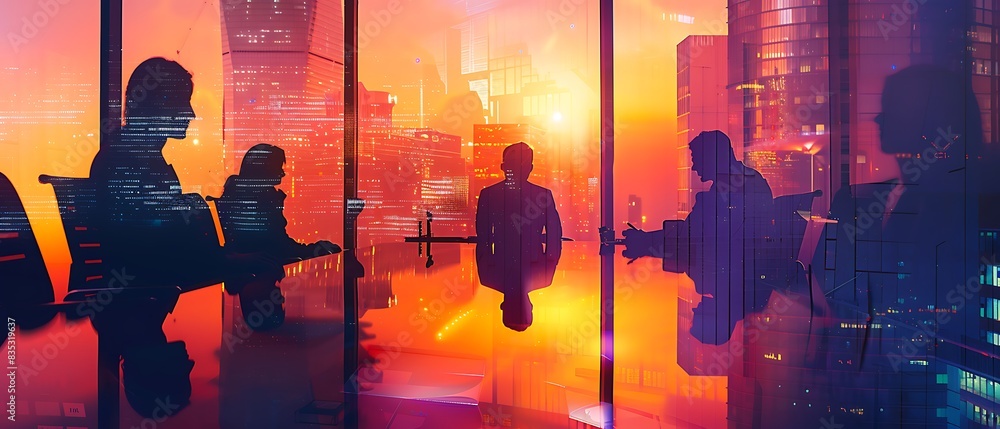 Poster silhouetted figures in a meeting room with a double exposure effect, showcasing innovative solutions