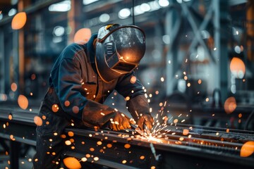 welder wearing uniform and a protective mask welds metal at a factory