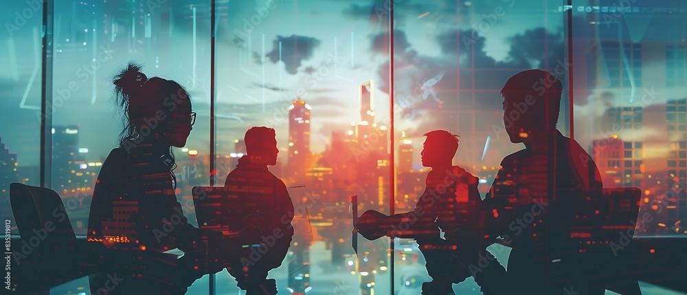 Poster silhouetted figures in a meeting room with a double exposure effect, showcasing innovative solutions