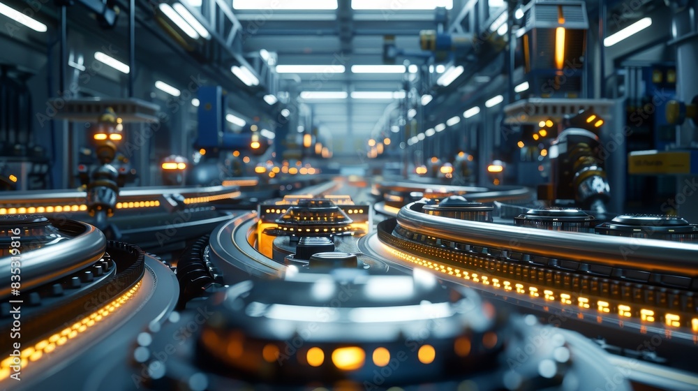 Poster modern technology concept : futuristic and efficient assembly line captured in soft overhead lightin