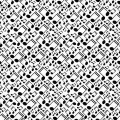 Beam music notes tilted diagonally and arranged in seamless pattern. Surface art texture in black and white for use in fabric or graphic design or printing on various surfaces.