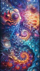 Hexagonal patterns intertwine with swirling, dynamic forms on a cosmic, starlit background, a fusion of earthly geometry and celestial wonder.