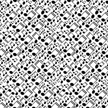 Beam music notes tilted diagonally and arranged in seamless pattern. Surface art texture in black and white for use in fabric or graphic design or printing on various surfaces.