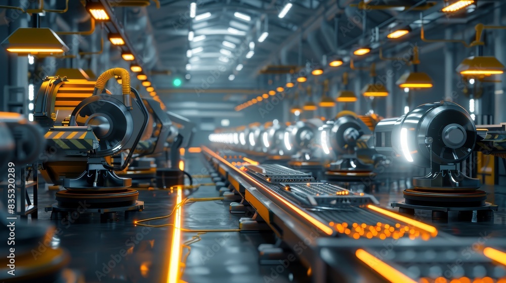 Poster modern technology concept : futuristic and efficient assembly line captured in soft overhead lightin