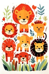 Fototapeta premium Cute cartoon lions and jungle animals illustration with vibrant colors, perfect for children's decor and educational materials.