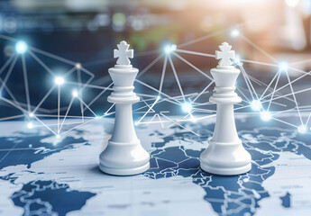 Geopolitics concept image with two chess pieces on a world map representing geopolitical discussion and movement between countries and continents