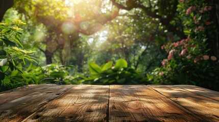 Wooden surface with lush garden background