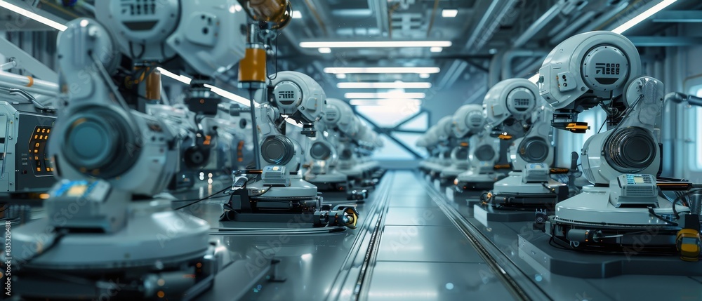 Poster modern technology concept : futuristic and efficient assembly line captured in soft overhead lightin