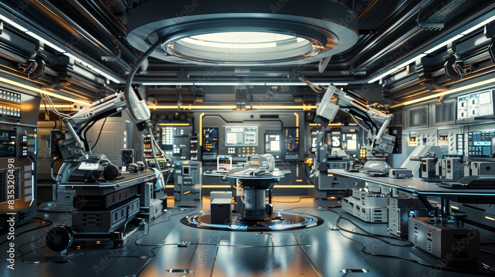 Poster modern technology concept : futuristic and efficient assembly line captured in soft overhead lightin
