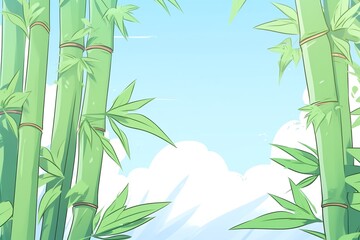 Fototapeta premium Illustration of green bamboo stalks and leaves against a clear blue sky with fluffy white clouds, creating a calming nature scene.