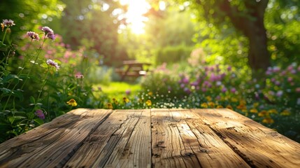 Wooden table in front of a flower garden