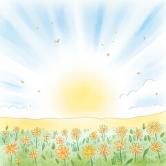 Obraz premium Vibrant illustration of a sunny meadow with blooming flowers and clear blue sky, perfect for nature and spring themes.