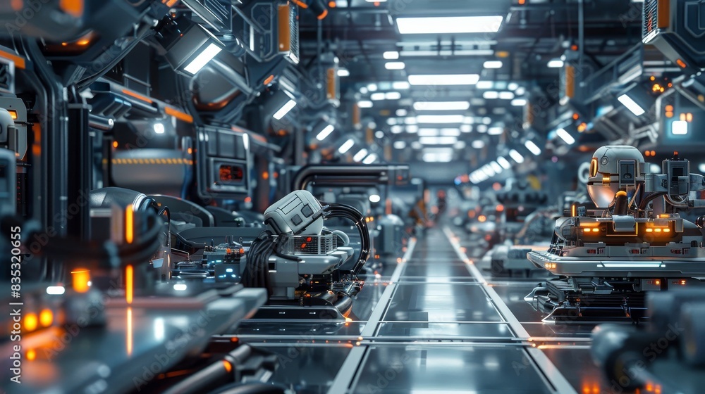 Poster modern technology concept : futuristic and efficient assembly line captured in soft overhead lightin