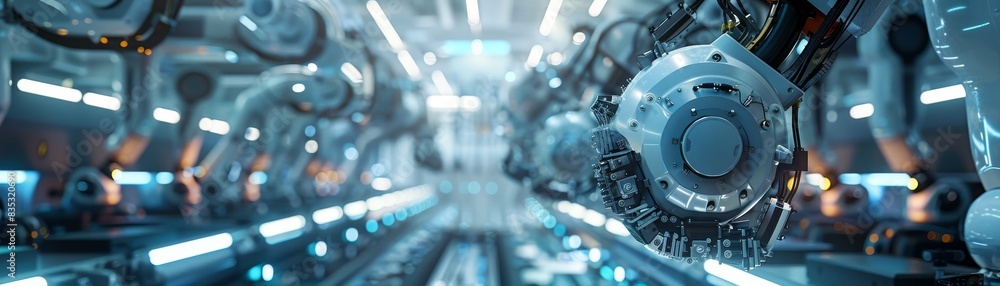Poster modern technology concept : futuristic and efficient assembly line captured in soft overhead lightin