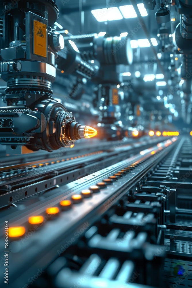 Poster modern technology concept : futuristic and efficient assembly line captured in soft overhead lightin