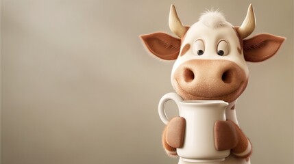 Fototapeta premium an illustration of a cute cartoon cow holding a large milk jug on the gray background with blanked area for insert text.