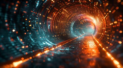 Obraz premium A 3D render of Data Mirage, with layers of digital data and noise warping around each other in a tunnel-like formation, pulling the viewer's eye into the depth of the data stream.