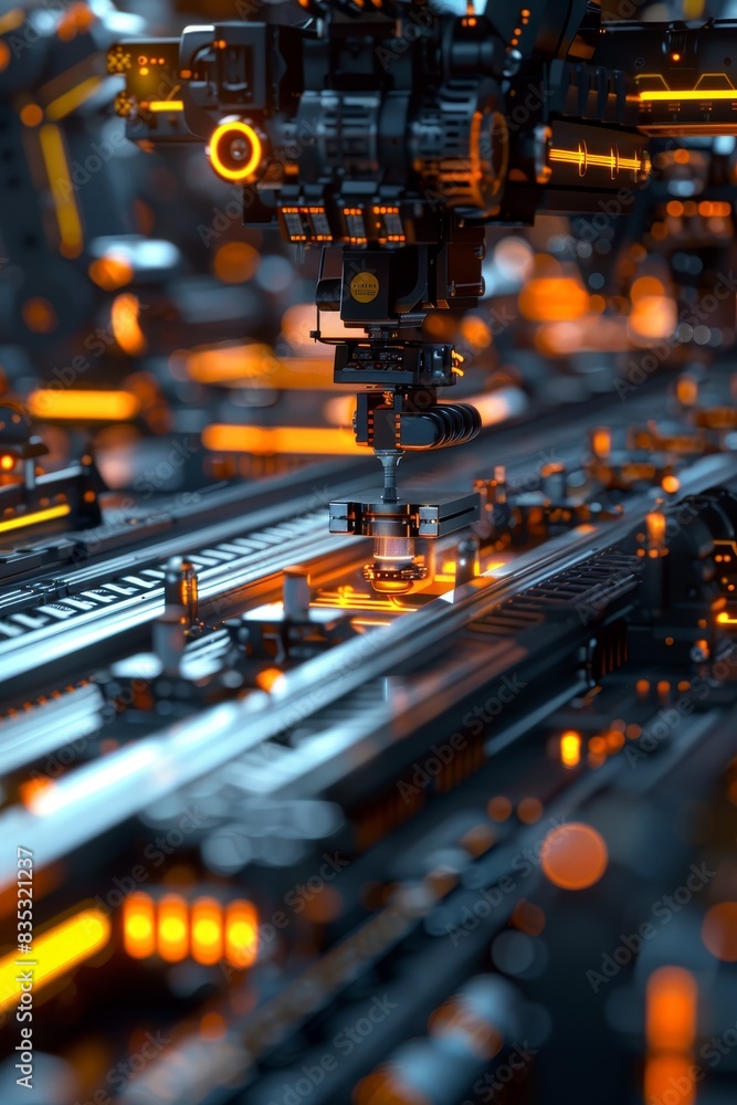 Poster modern technology concept : futuristic and efficient assembly line captured in soft overhead lightin
