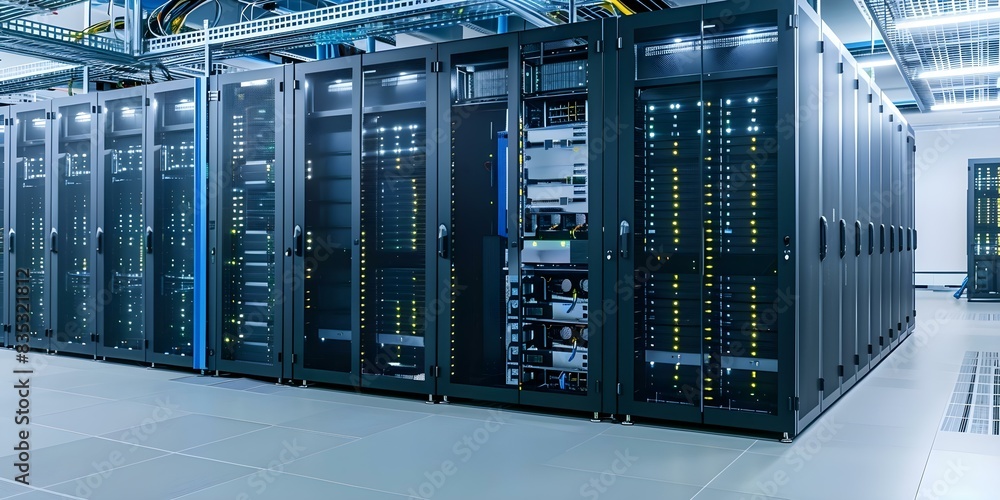 Poster server racks in modern data center for telecommunications and cloud computing operations. concept da