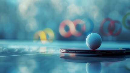 Serene Table Tennis Still Life with Paddle and Ball Against Olympic Rings Backdrop