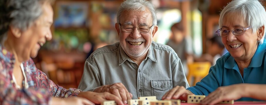 Group of seniors playing dominoes in a cafe - Powered by Adobe