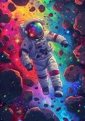 Fototapeta premium Cosmic Odyssey of an Astronaut Adrift in a Kaleidoscopic Asteroid Belt