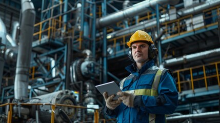 Fototapeta premium The factory worker with tablet