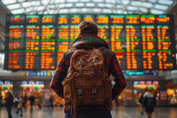 Obraz premium Traveler looking at airport departure board