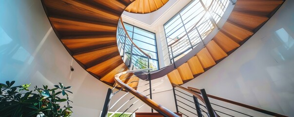 Fototapeta premium Elegant interior design of a modern building featuring wooden stairs and glass ceiling.