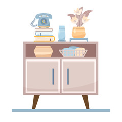 Flat nightstand concept with flower and retro old phone. Interior items of cozy modern midcentury design with books and vase on bedside table. Vector cartoon illustration with home decor elements