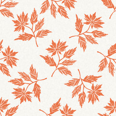 Peach fuzz botanical leaf foliage texture background with color of the year two tone linen fabric effect. Soft fresh modern woodland cottagecore design, wallpaper and on trend repeat tile textures. 