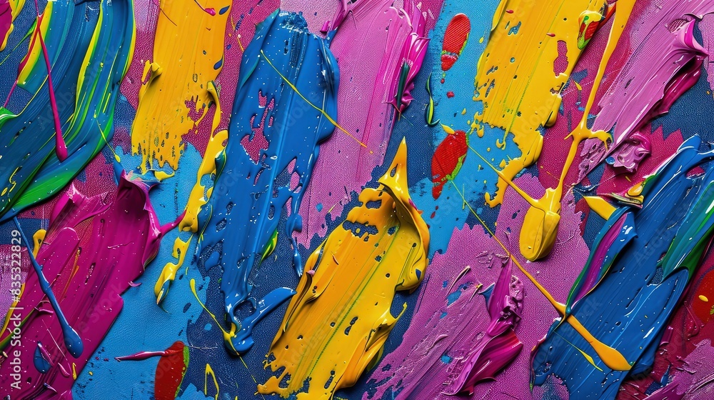 Poster a playful and creative background texture with splashes of multicolored acrylic paints, resembling a