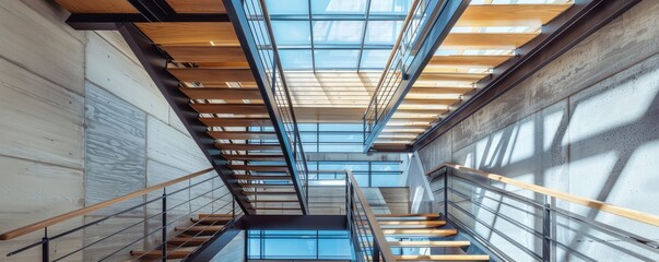 Fototapeta premium Elegant interior design of a modern building featuring wooden stairs and glass ceiling.