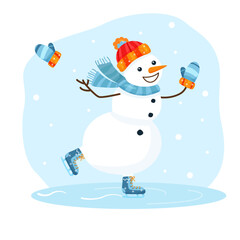 Flat snowman with scarf and mittens skating on snowy background. Vector cartoon hand drawn illustration of winter weekend activity. Winter sports cute fairy character with smile for banner or poster