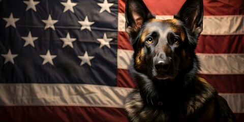 A panoramic tribute to veterans with a military man German Shepherd and US flag. Concept Veterans, Military Man, German Shepherd, US Flag, Panoramic Portrait