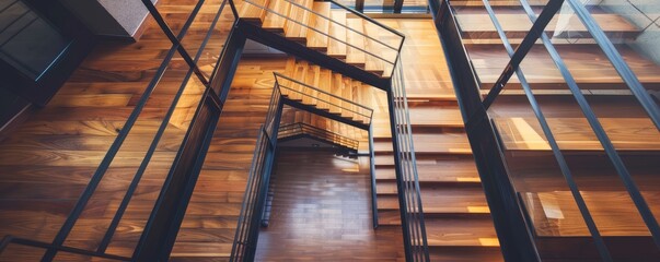 Obraz premium Elegant interior design of a modern building featuring wooden stairs and glass ceiling.