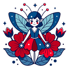 whimsical forest fairy with translucent wings and a glowing aura. The fairy should be surrounded by vibrant, oversized flowers and tiny, sparkling fireflies. Use a soft, pastel color palette to convey