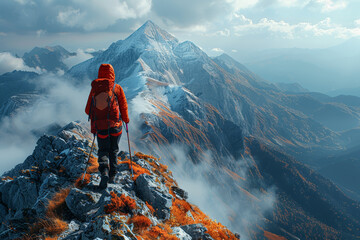 A hiker reaching the peak of a mountain. Concept of outdoor fitness and accomplishment. Generative Ai.