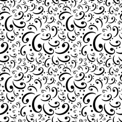 Bass clef music symbols in rotation floating over white backdrop seamless pattern. Elegant surface art texture in black and white for use in fabric or graphic design or printing on various surfaces.