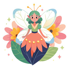 whimsical forest fairy with translucent wings and a glowing aura. The fairy should be surrounded by vibrant, oversized flowers and tiny, sparkling fireflies. Use a soft, pastel color palette to convey