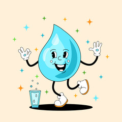 Comic flat nice Water Drop with face on decorated background. Vector cartoon illustration in groovy retro style with glass. Image of cute happy drinking character with smile for poster or template
