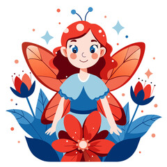 whimsical forest fairy with translucent wings and a glowing aura. The fairy should be surrounded by vibrant, oversized flowers and tiny, sparkling fireflies. Use a soft, pastel color palette to convey