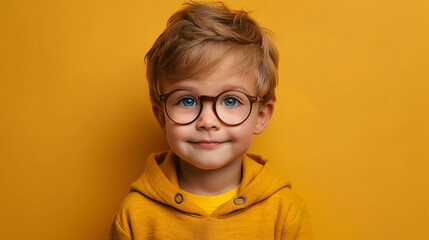 Portrait of a Young Boy with Glasses Against a Bright Orange Background
