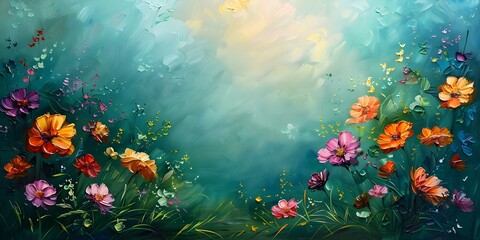 Serene spring meadow oil painting with vibrant flowers and lush green grass. Concept Landscape Painting, Spring Meadow, Oil Painting, Vibrant Flowers, Serene Atmosphere