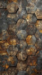 Hexagonal patterns blending seamlessly with a mosaic of unique forms on a textured, earthy background, a study in visual contrast.