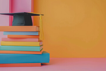 colorful stack of books topped with a black graduation cap on a vibrant orange and pink background, copy space for text 